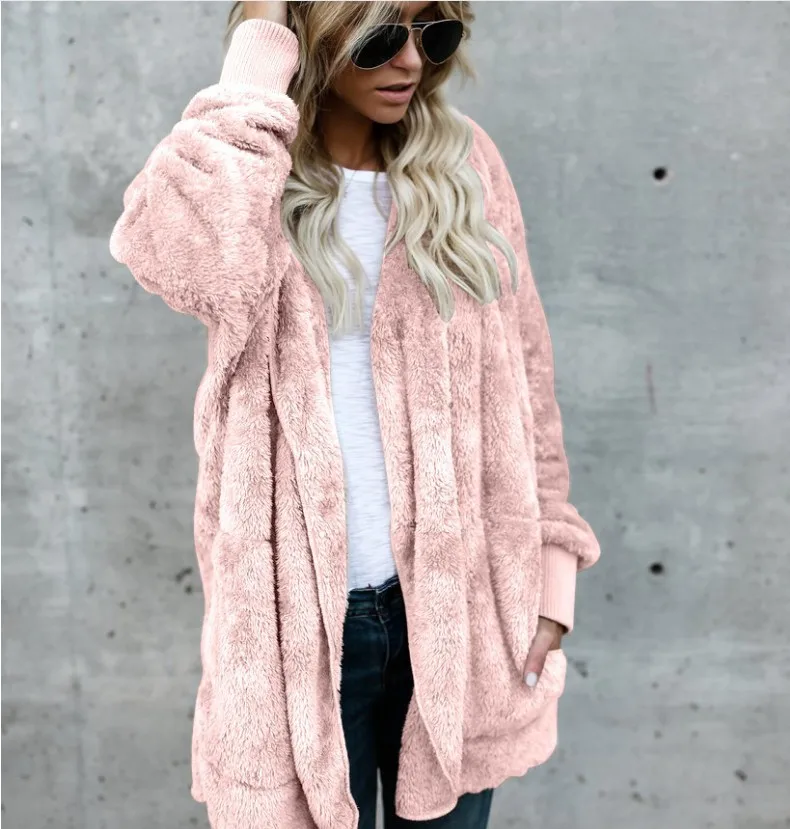 NONE Herbst Winter Doppel Fleece Strickjacke Jacke Frauen Einfarbig Langarm Plüsch Warme Mit Kapuze Dame Jacke Übergroßen Oberbekleidung Mantel 3