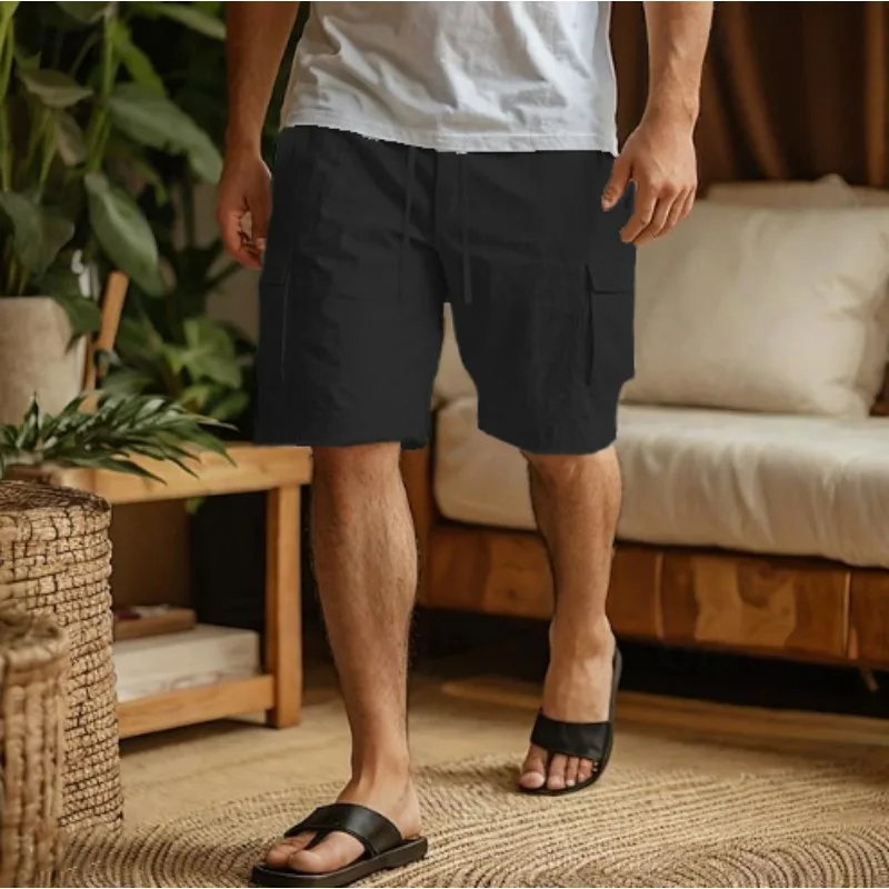 New linen tooling shorts drawstring elastic waist straight legs solid color breathable daily beach five-point casual pants