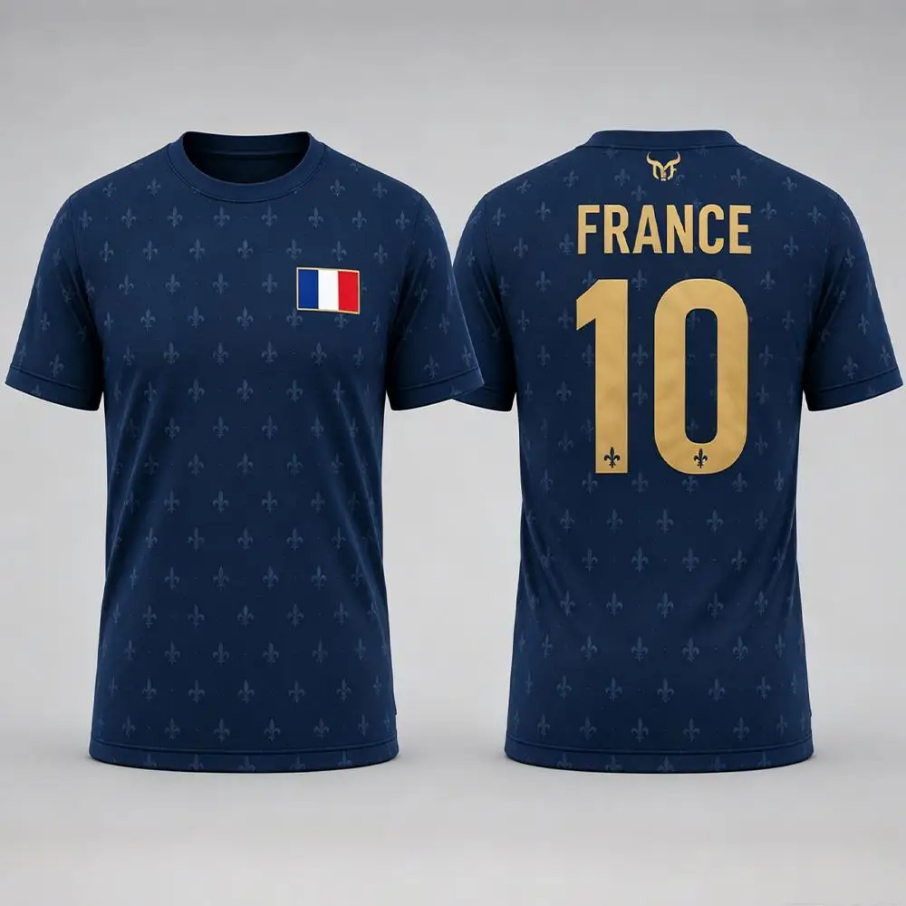 Frankreich-Flagge Bedrucktes Fußball-T-Shirt 2026 Neues Atmungsaktives Schnelltrocknendes Kurzarm-Oberteil für Outdoor-Sport Unisex Freizeit-T-Shirts – Detail 6