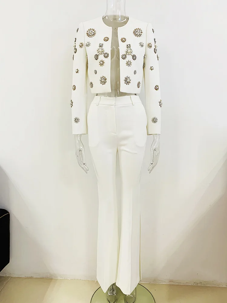 Round Neck Beaded Short Jacket Pants Set 2023 New Fashion Jacket Split Bell Bottoms Set White Business Wear Flare Pants Suits