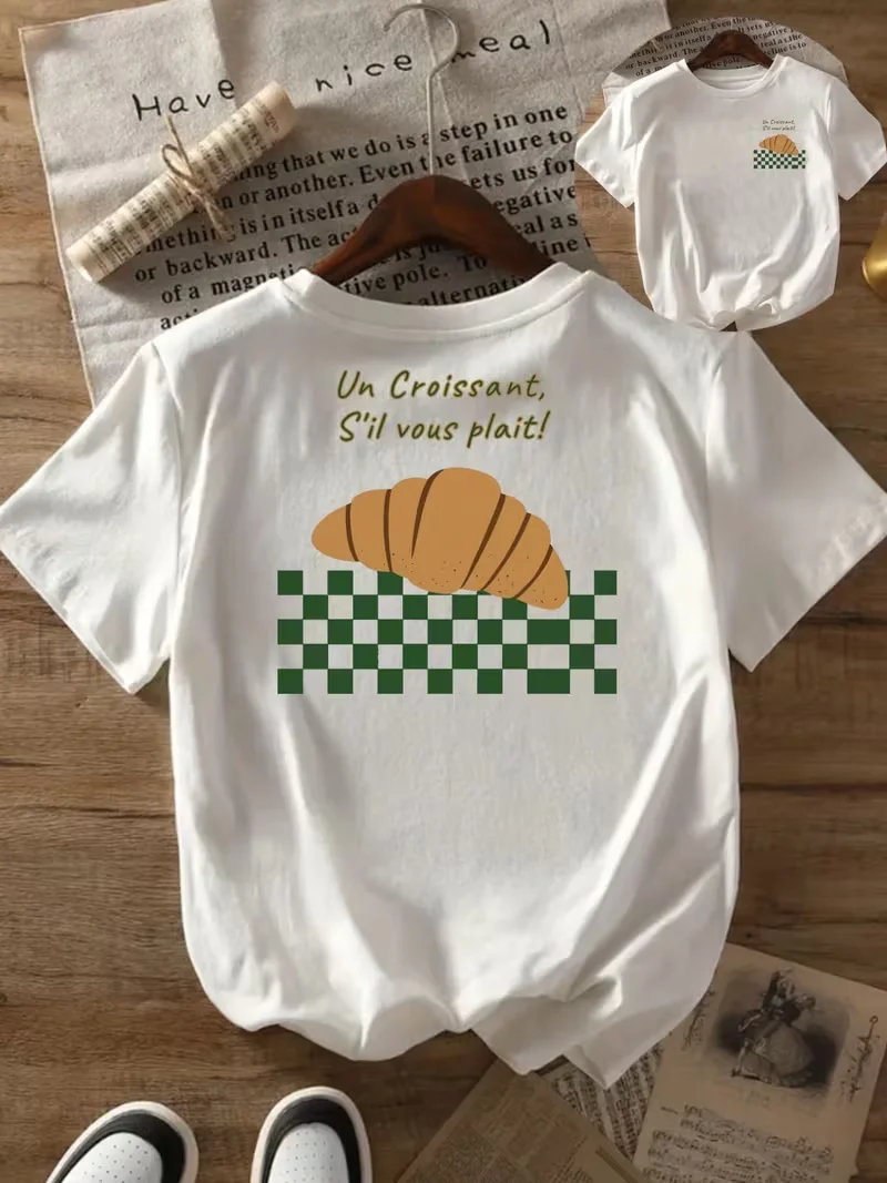Women's Casual Short Sleeve T-Shirt with Front & Back Un Croissant Silvous Platif Graphic Relaxed Fit Round Neck,All-Season Top