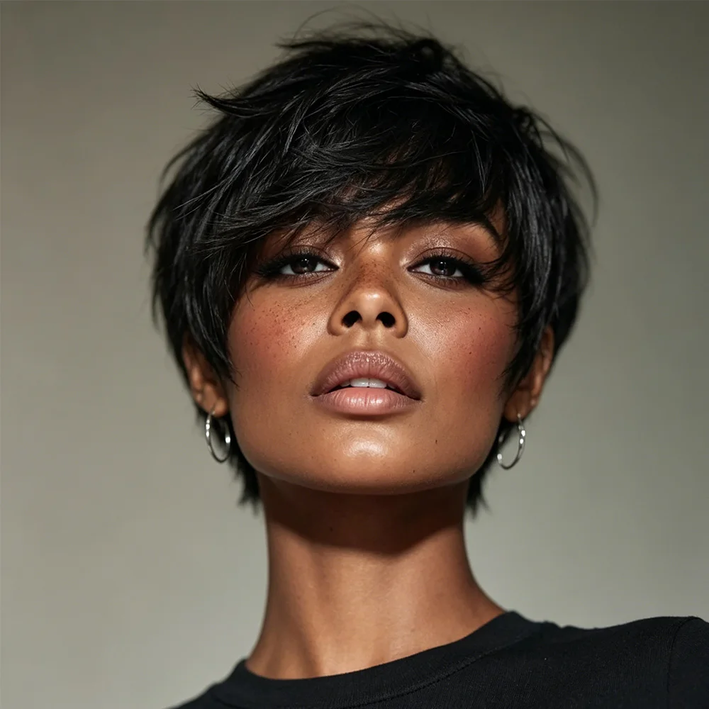 

Women'S Brazilian Human Hair Wig Natural Black Straight Pixie Cut Bob with Bangs Density High Volume Machine Made