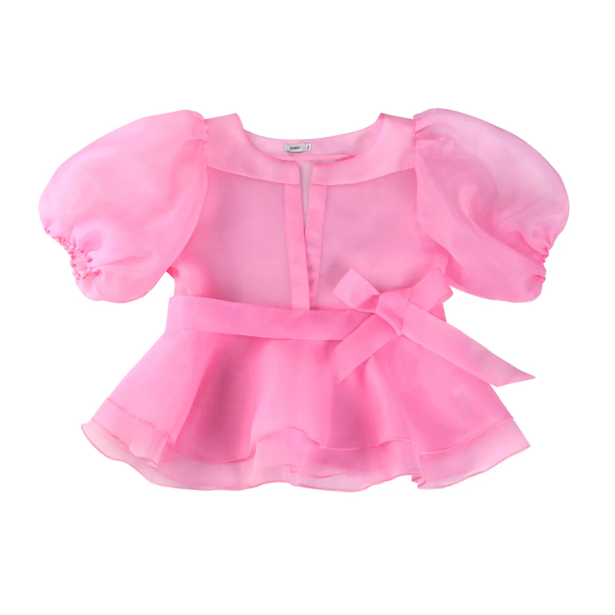 Blusa rosa de malla para mujer, fina camisa de manga de burbuja, perspectiva americana, Explore la calle, Sexy, 2024