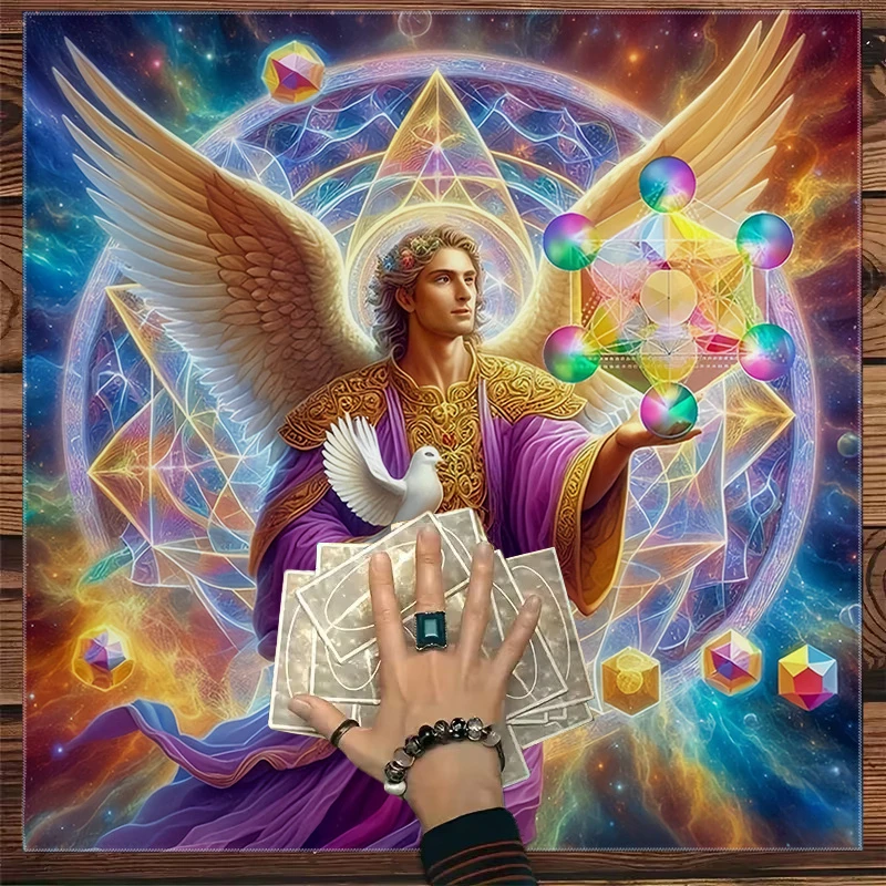 Tapis d'autel de tarot 50/75cm Divine Angel, motif géométrie sacrée violet et or, pour lecture de tarot, grille de cristal, méditation, rituels Wicca
