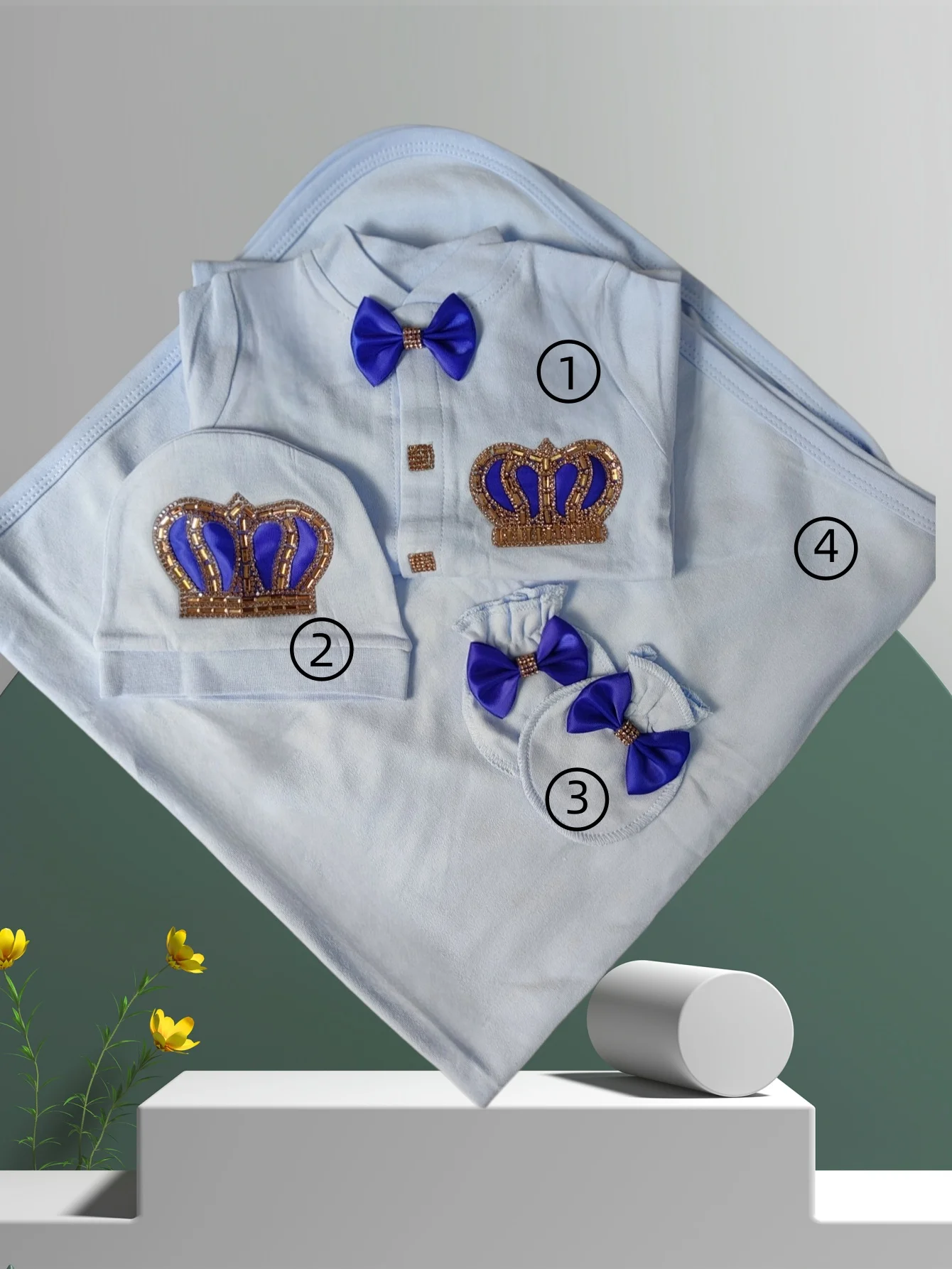 

Adorable Handsome Baby Boy Crown Romper Set Newborn Cotton Footed Crawling Outfit Matching Hat Gloves 0-6M Daily Wear