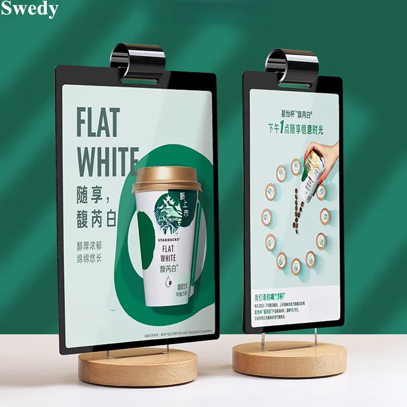 

A6 100X150MM Page Turning PVC Poster Frame Wood Base Menu Paper Price List Holder Acrylic Sign Holder Display Stand