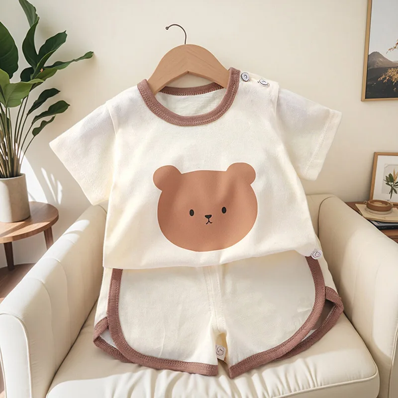 Summer Baby Short Sleeved Suit Full Bear Print Children T-Shirt Shorts Set Boy Girl Tops Pants Soft Cotton Cartoon Kids Pajamas