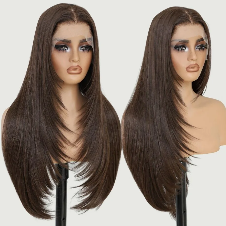 الاصطناعية 13x4 الدانتيل الجبهة الباروكات قبل قطعها الشوكولاته براون شعر مستعار مستقيم للنساء على استعداد لارتداء شعر مستعار غلويليس مع الانفجارات طويلة L #1