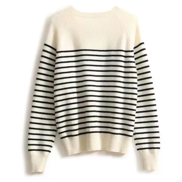 French crew-neck sweater Women's half-open neck breasted horizontal striped long sleeve pullover cashmere sweater loose knit top