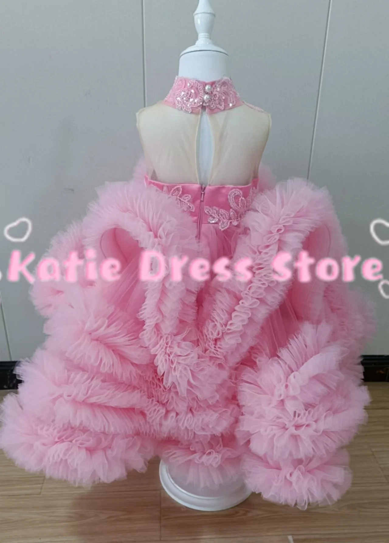 Luxuriöses, maßgeschneidertes Blumenmädchenkleid für Hochzeiten, Tüll, bauschige Applikationen, glänzend, für Kindergeburtstage, Erstkommunion, Ballkleider