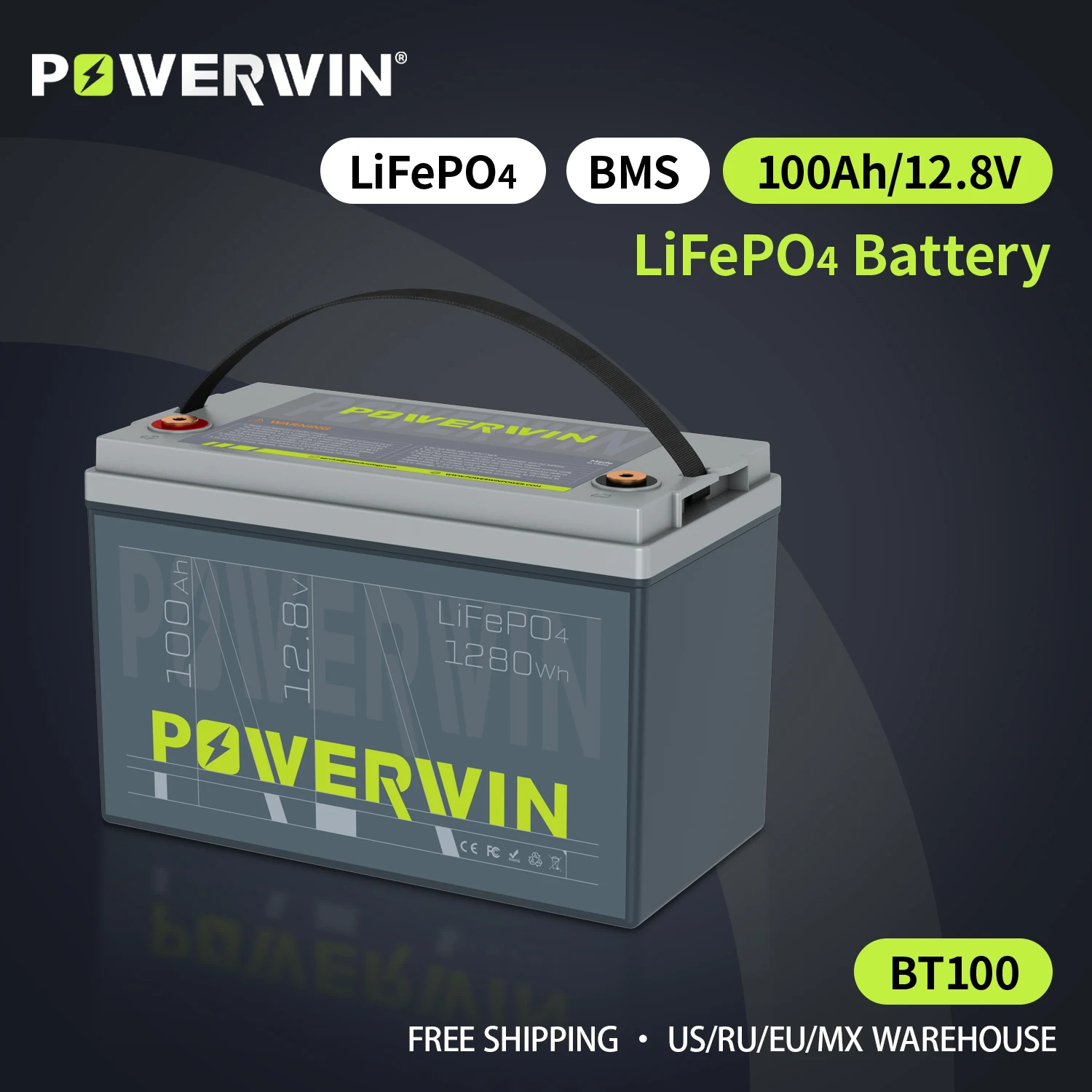 POWERWIN 100Ah/1028Wh12V RV  LiFePO4 Battery Built-in BMS Off-grid BT100 Car Charge Energy Storage Solar Power System Inverter