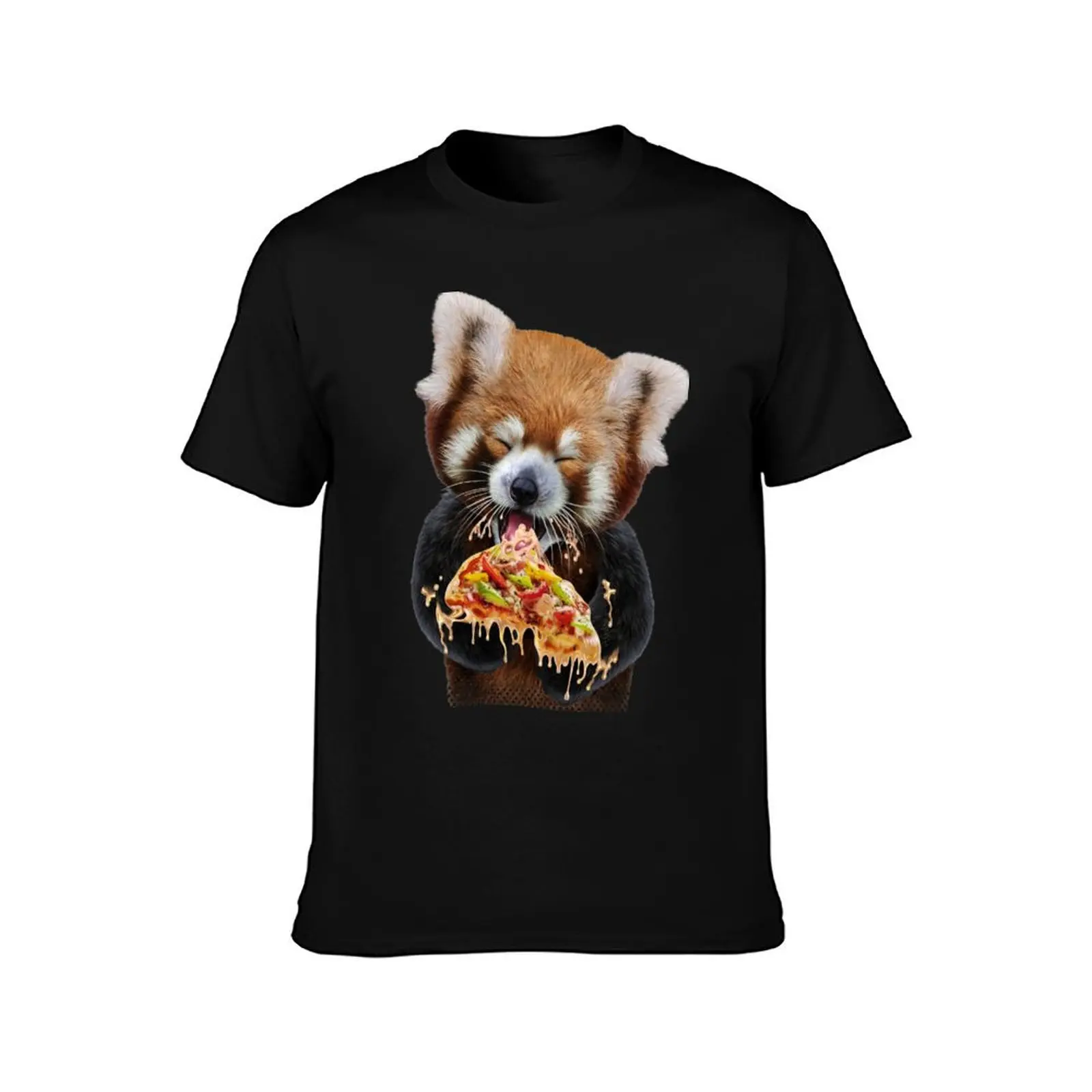 Red Panda Devouring Pizza T-Shirt Casual Basic Short Sleeve T-Shirt