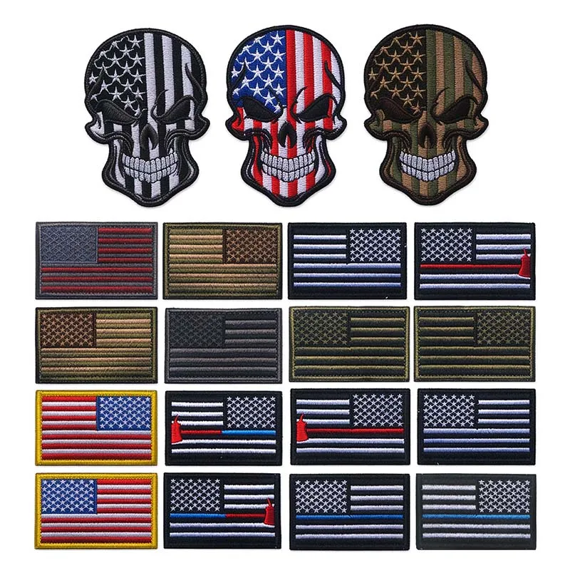 2PCS/Lot USA Flag Skull Morale Badge Embroidered Tactical Patch Hook & Loop, American Military Applique for Backpack Hat Jacket