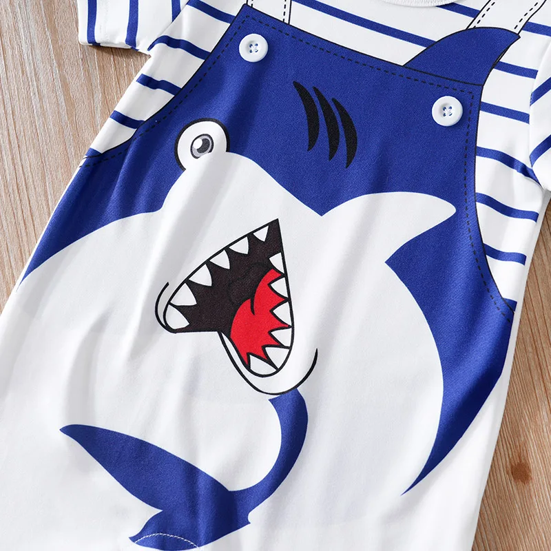 Baby Boys Summer Bodysuit Cute Cartoon Shark Comfortable Round Neck Clothes Short Sleeves Baby Crawling Robe