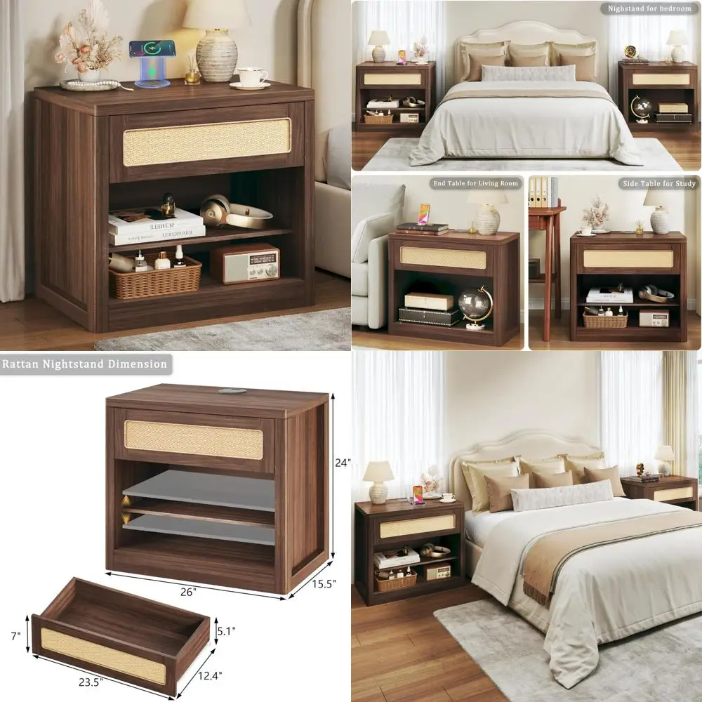 

Mid Century Modern Nightstand, 26 Rustic Wood Bedside Table with Rattan Drawer, Large Side Table for Bedroom