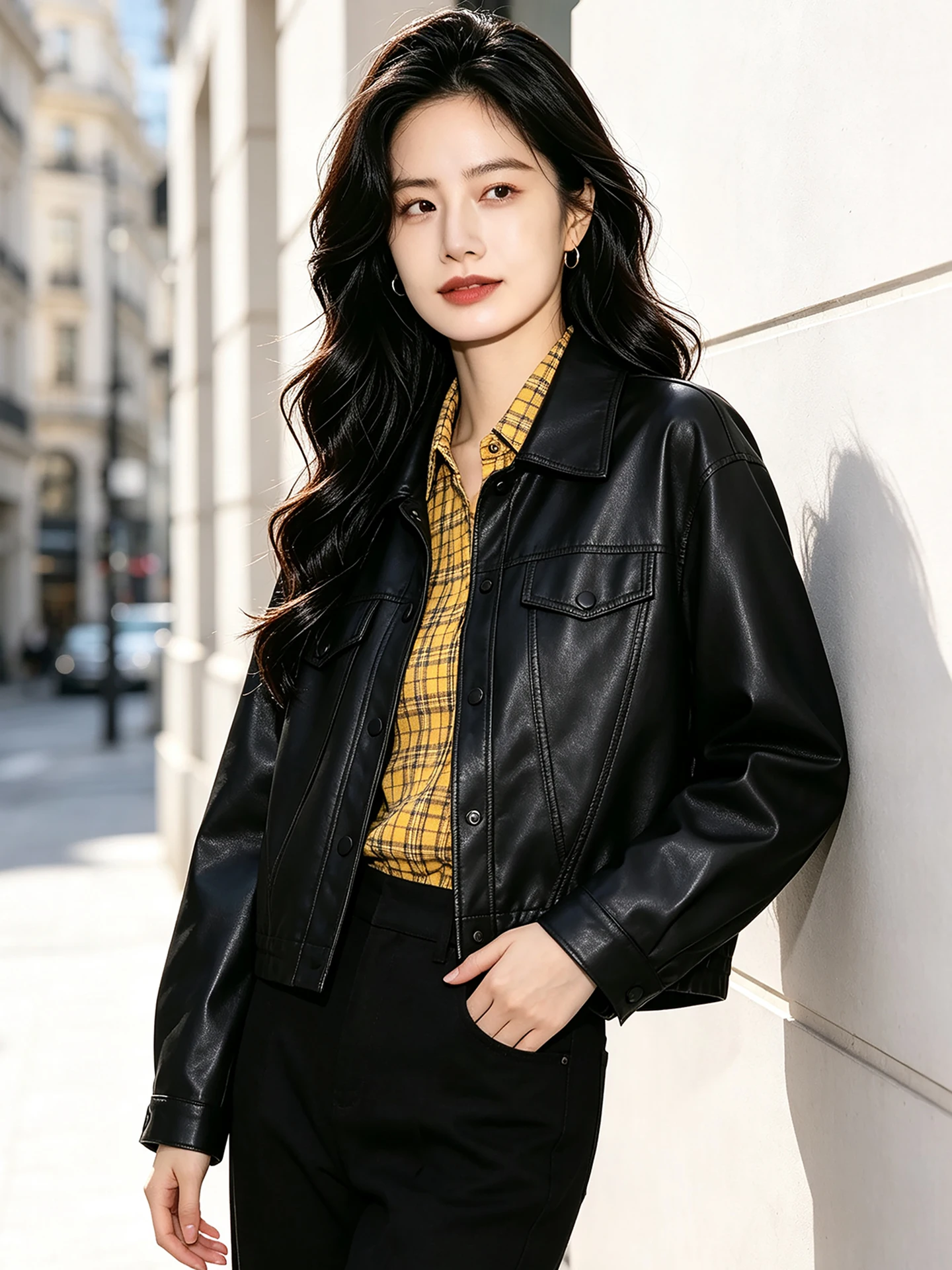 Black Collared Leather Jacket Women's Casual Short Protein Leather Coat Autumn Fashion Small Size Young Women's Style