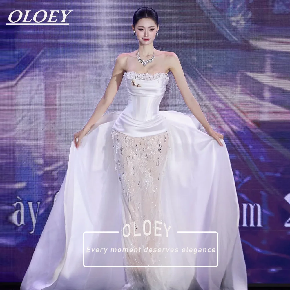 OLOEY Luxury Strapless Mermaid Wedding Dress with Bow Satin Train Floor Length Bridal Gown Customized Vestidos De Novia