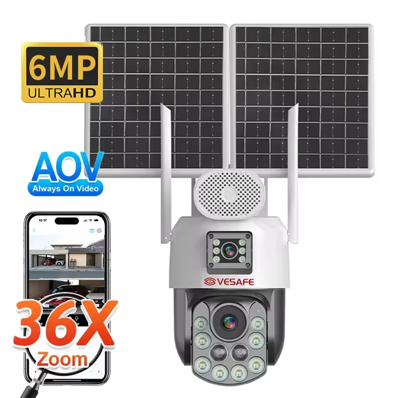 

Aov Solar Battery Outdoor Waterproof Hd Dual Lens 4g Sim Camera Night Vision 6MP 36X Zoom CCTV Security Camera