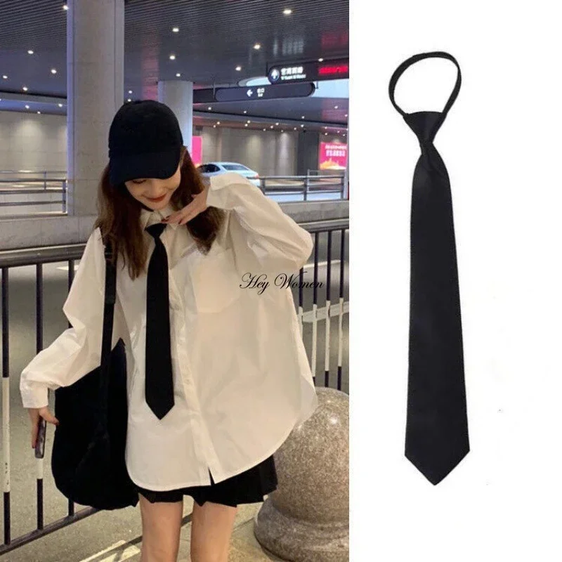 Women Black Ties Retro Silky Narrow Adjustable Men Neck Tie Slim Smooth College Style Simple Elegant All-match Trendy Tie