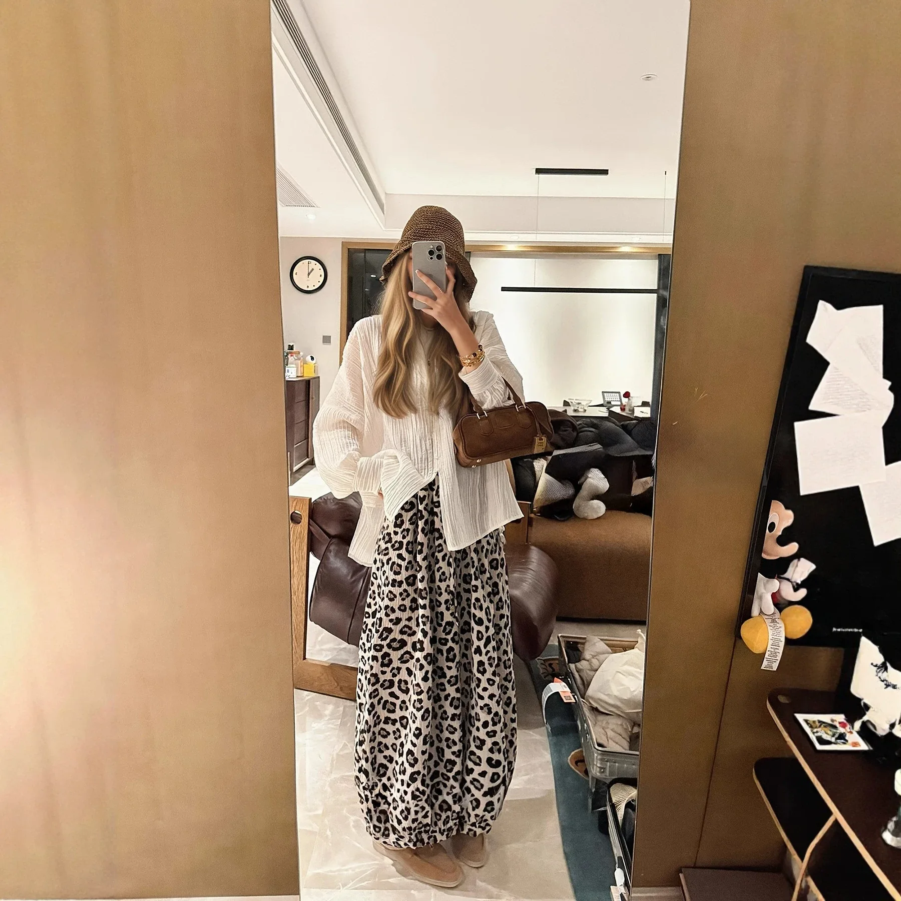 Fashion Vintage Cropped Pants Leopard Print High Waist Casual Loose Wide Leg Pants Summer All Match Women's Clothing