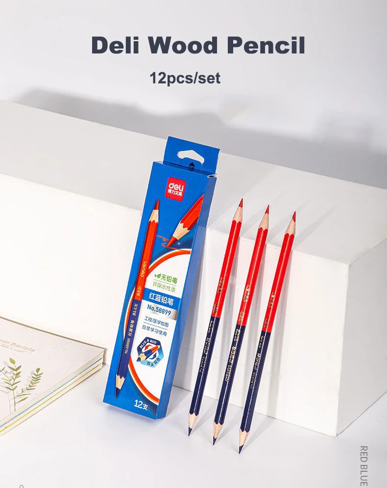 Deli Rot Blau Bleistift HB Zweifarbiger Stift für Kinder Erwachsene Design Zeichnung Industrietechnik Markierung Holzstift Briefpapier – Detail 4