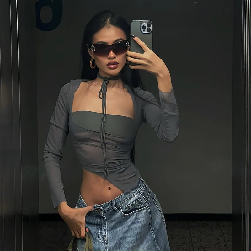 Summer New Fashion Top Women's Sexy Perspective Mesh Gauze Long Sleeve Square Neck T-shirt Street Casual Clothing Hot