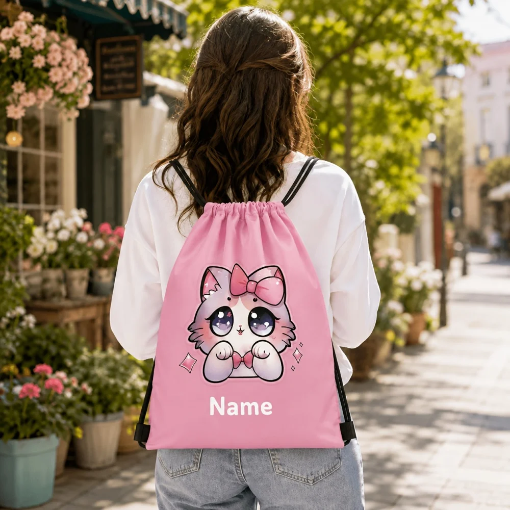 Custom Name Kids Drawstring Backpack, Cute Cartoon Kitten Graphic Sack Bag, Lightweight String Bag for Girls Gift Storage