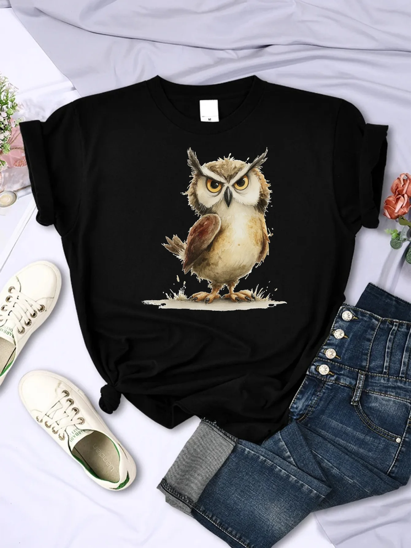 تي شيرت نسائي برقبة دائرية من Owl Clipart مريح وفضفاض ومطبوع بتصميم عيد الميلاد الأكثر مبيعًا