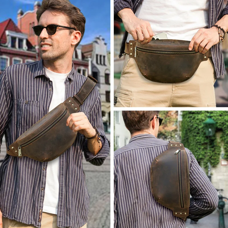 Fashionable British Style Top Layer Cowhide Crazy Horse Multi Functional Crossbody Men Genuine Leather Waist Large Capacity Bags