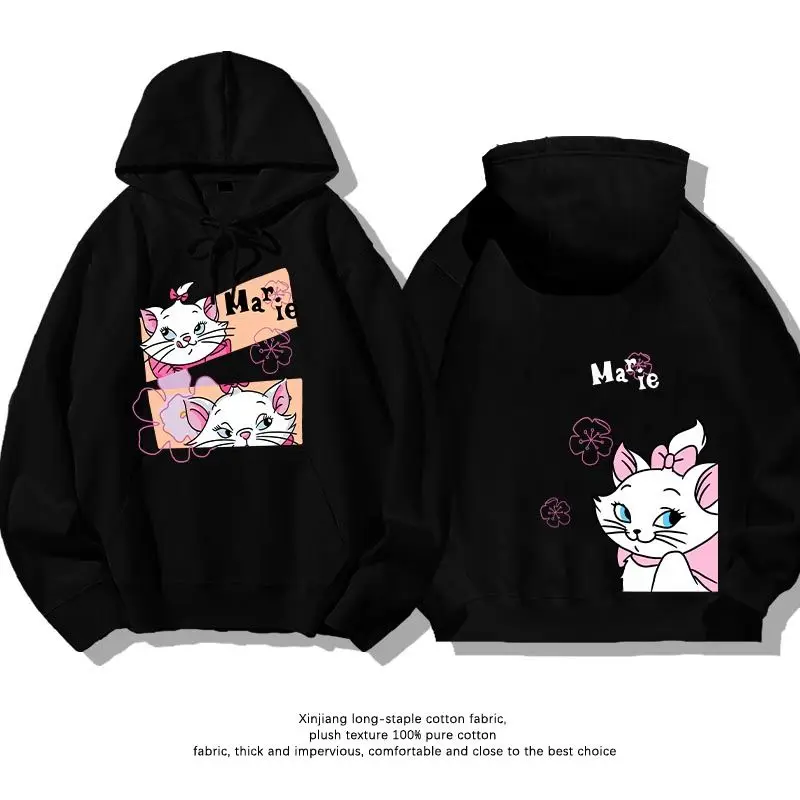 Sudadera con capucha negra de Disney Marie para mujer y niño, sudadera de algodón con lazo rosa, diseño de flor de cerezo, texto de Marie, fondo naranja, 2025