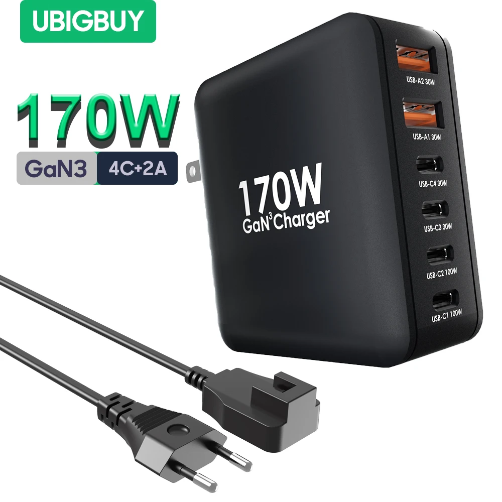 Ubigbuy 170W GaN3 Fast Charging Station PD 100W Type C Quick Charger Laptop Power Adapter AC Cable For iPhone 12 Samsung Lenovo