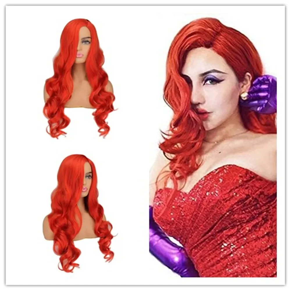 

Starfire Cosplay Costume Wig For Women Cosplay mermaid Long Wave Red Curly Synthetic Wig for Cosplay Party Halloween Costume