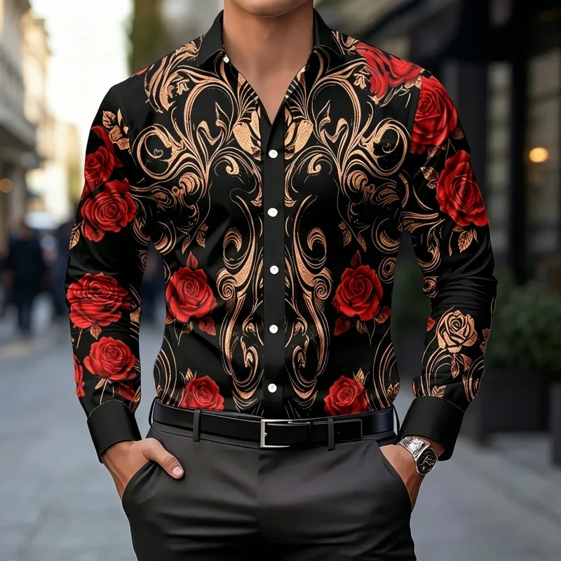 Men's Shirt Long Sleeve Spring Autumn Black Golden Baroque Swirl Red Rose Floral Print Lapel Button‑Up Street Top Mens Clothing