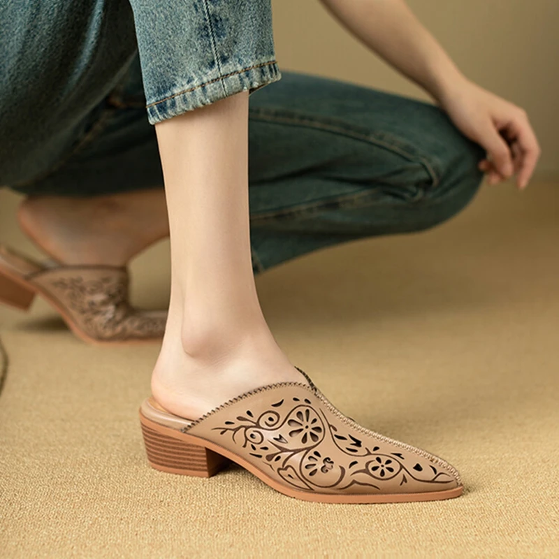 Summer Women Mules Genuine Leather Shoes for Women Cover Toe Chunky Heel Slippers Solid Pointed Toe Slingback Designer Sandals