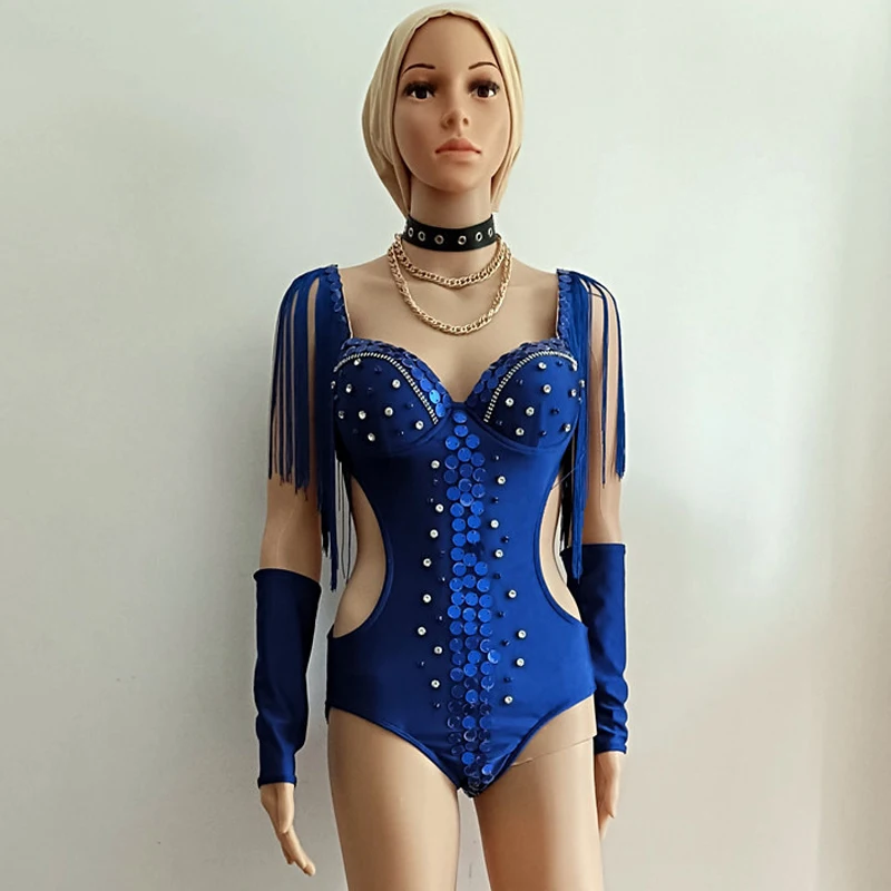 

Sexy Gogo Dance Costume Women Fringed Shoulder Blue Mirrors Bodysuit Nightclub Bar Rave Outfit Stage Jazz Dance Wear XS9805