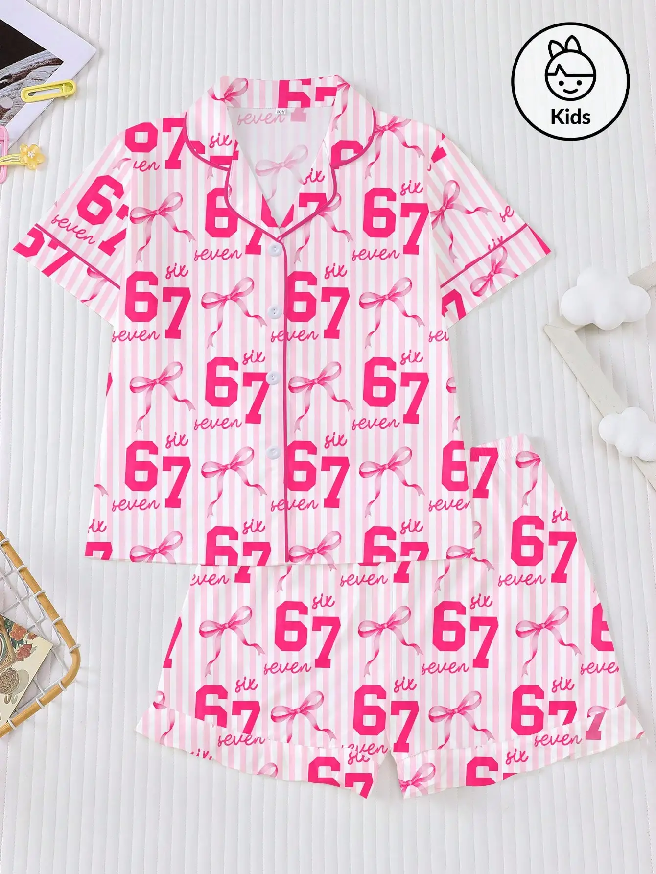 

2-Piece Pink Striped Pajama Set for Girls: Collared Short Sleeve Top & Ruffled Waist Shorts