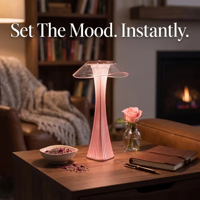 Pink Rechargeable Cordless Table Lamp 1200Mah Portable LED Desk Lamp USB-C Charging with 3 Color Temperatures Stepless Dimming USB Rechargeable Acrylic Bedside Night Light Christmas Gift for Bedroom & Home Decor