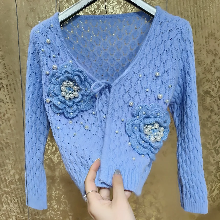 Women Spring Exquisite Hollow Large 3D Flowers Handmade Pearls Beaded Knitted Cardigan Hooked Floral Sunscreen Sweater Coat Tops