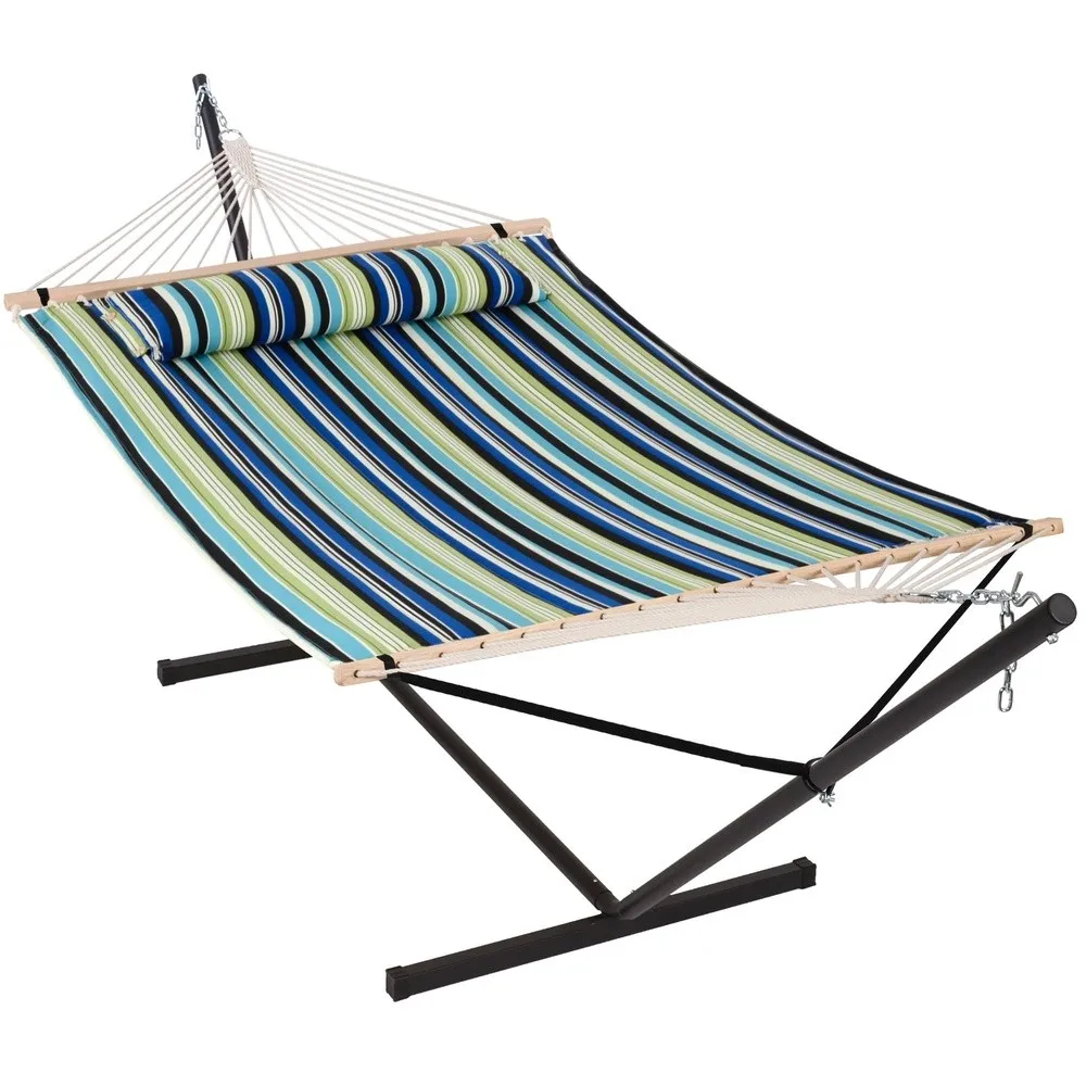 Patio Hammock with Stand 12FT Included for Outside Green&Blue Stripe