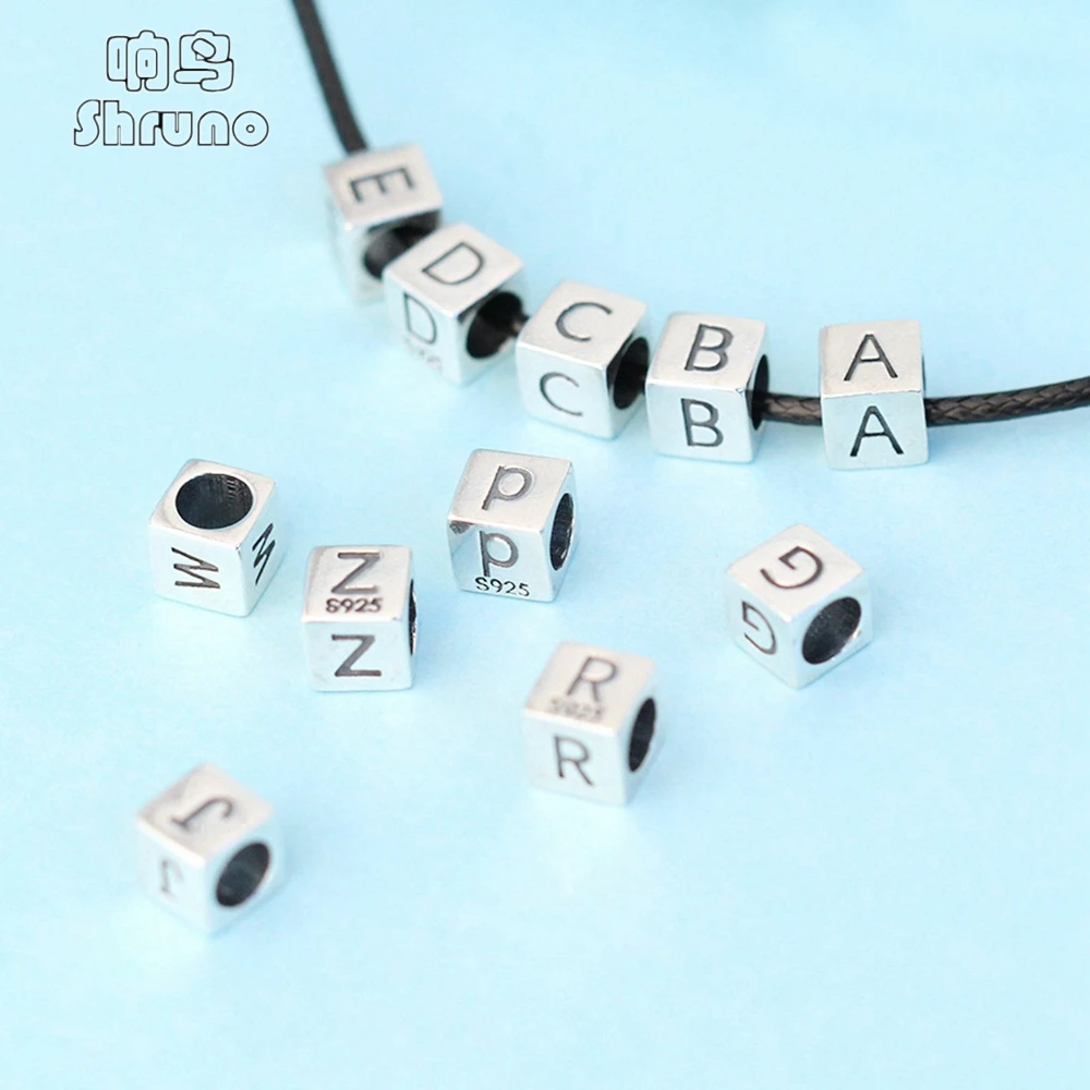 Silver 925 DIY Bracelet Accessorie 26 Letter Charm Square Shape Beads Women Men Hand Rope Accessories Silver Beads 5mm