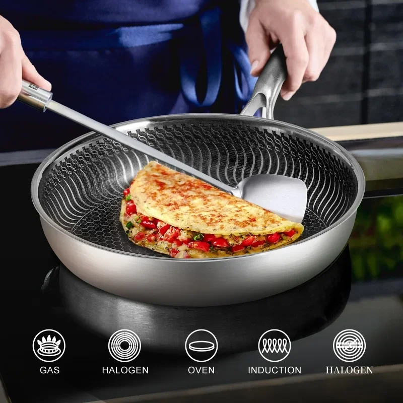 Innerwell Stainless Steel Frying Pan with Lid 22cm Anti-scald Handle Honeycomb Non-toxic Nonstick Skillet Gourmet Cooking Pots