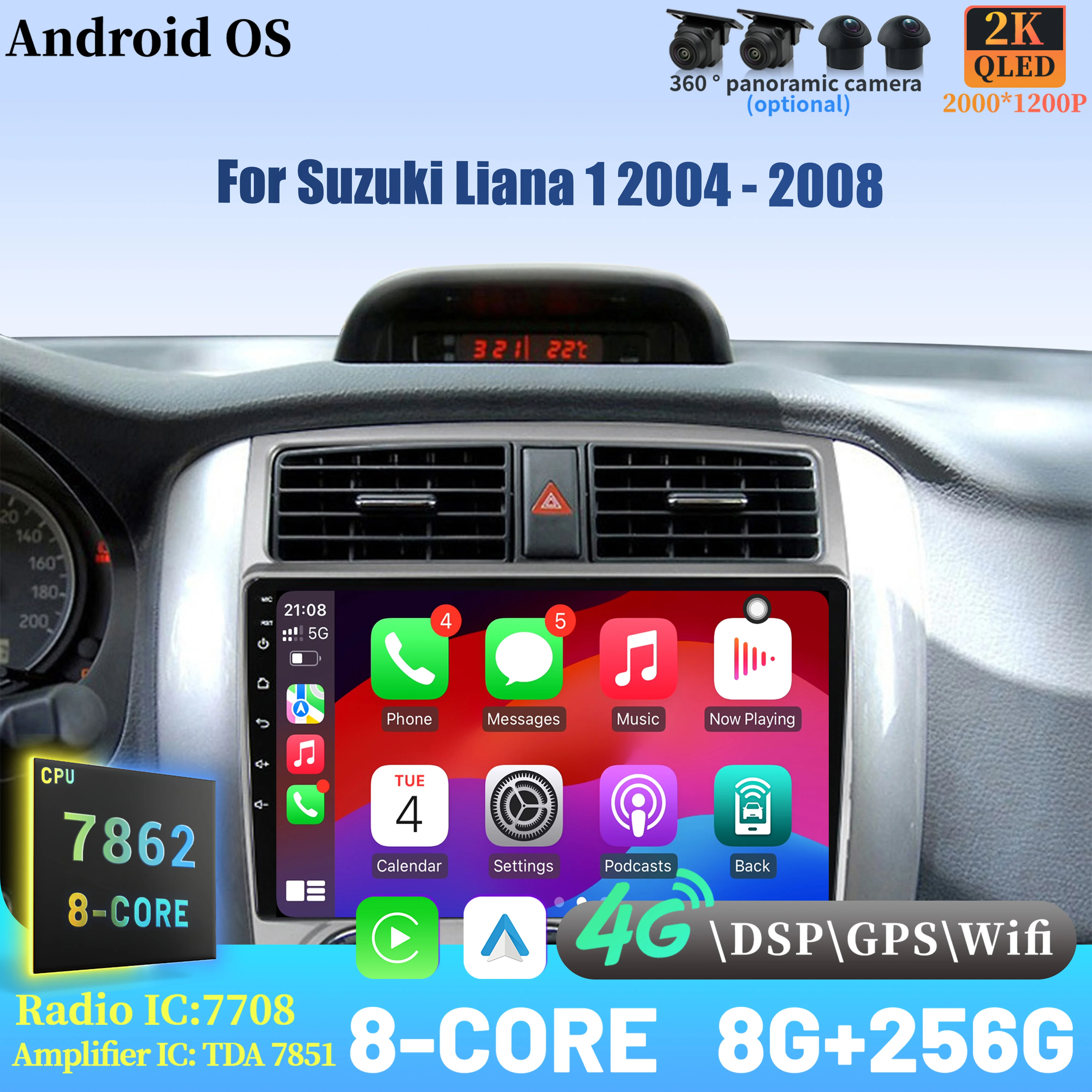 

For Suzuki Liana 1 2004 - 2008 Wireless BT CarPlay Android 14 Radio Car Multimedia Player Touch 2K QLED Screen