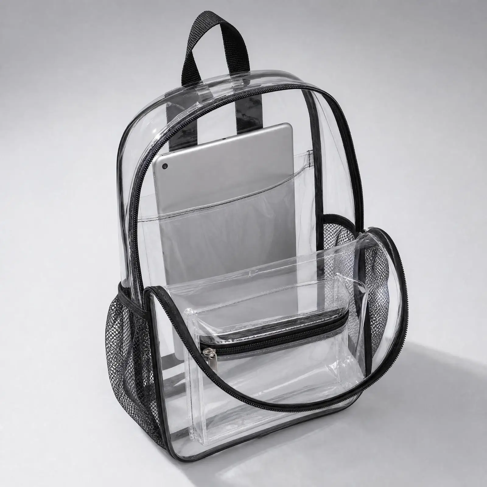 Transparent PVC Backpack Waterproof Transparent Backpack with Mesh Side Pockets Security Friendly Clear Daypack with Adjustable