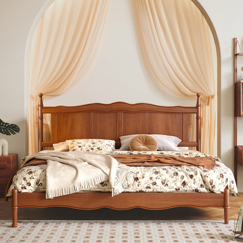 

French retro full solid wood bed, boxwood middle ancient master bedroom double bed, American rural light luxury, modern