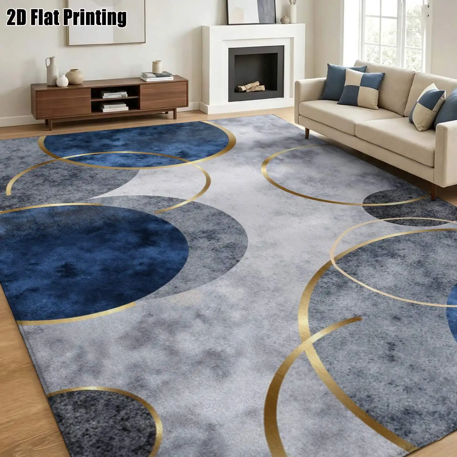 1Pc 2D Printed Carpet: Blue-Grey Geometric Circle Nordic Minimalist Style, Machine Washable, Multi-Size, Suitable for Home Decor, Multiple Settings