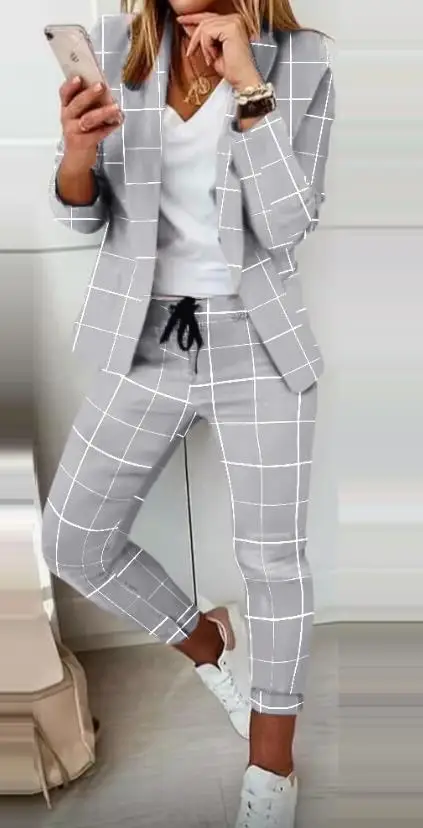 Office Two Piece Set for Women Shawl Collar Long Sleeve Daily Work Medium Stretch Plaid Print Blazer & Drawstring Ol Pants Set