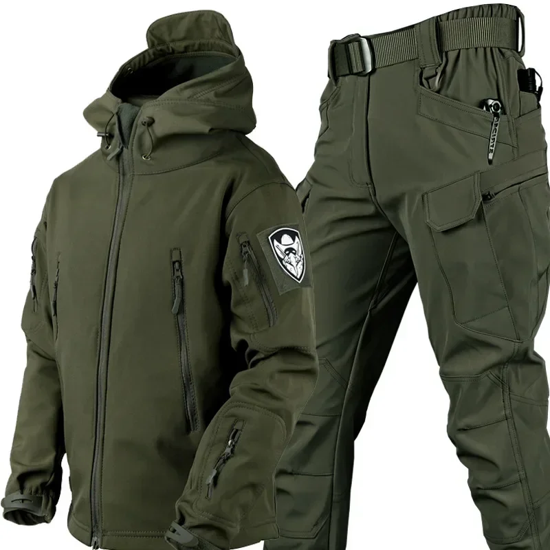 5XL 12 Colors Tactical Sets Men Winter Shark Skin Soft Shell Jackets+Multi-pocket Cargo Pants 2 Pcs Suits Waterproof Fleece Set