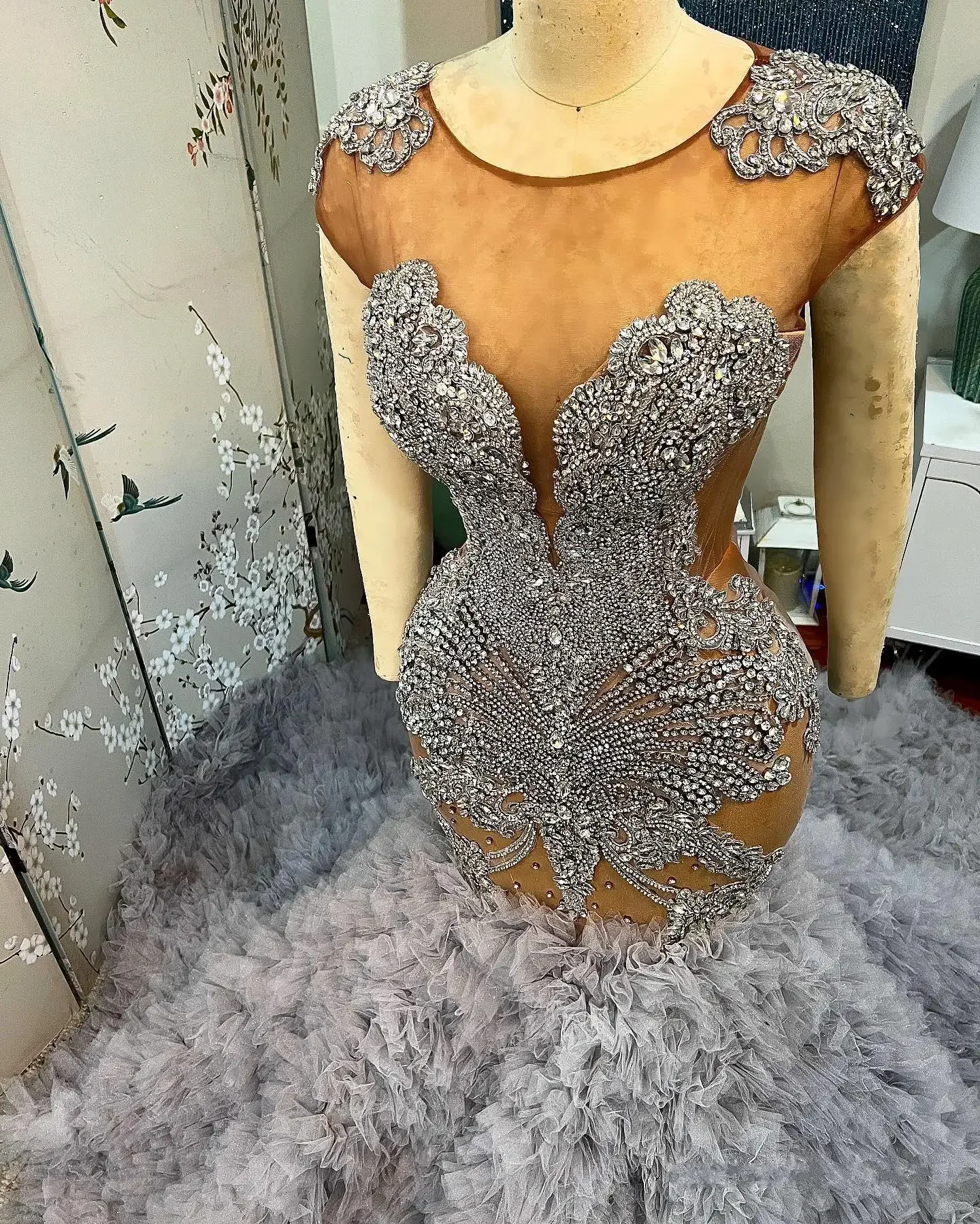 Customized Luxury Handwork Crystals Beads Mermaid Wedding Dress Vestidos De Novia Arabic Cap Sleeves Tiers Tulle  Bridal Gown