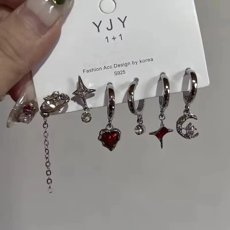Goth Modny zestaw kolczyków z czerwoną kryształową gwiazdą dla kobiet mężczyzn Vintage Estetyczny wisiorek z pentagramem w kształcie serca Kolczyk Y2K Biżuteria Akcesoria