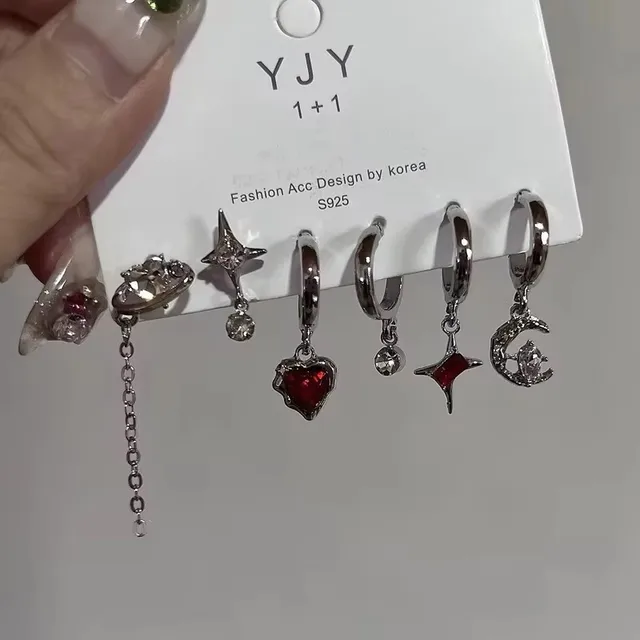 Goth Modny zestaw kolczyków z czerwoną kryształową gwiazdą dla kobiet mężczyzn Vintage Estetyczny wisiorek z pentagramem w kształcie serca Kolczyk Y2K Biżuteria Akcesoria
